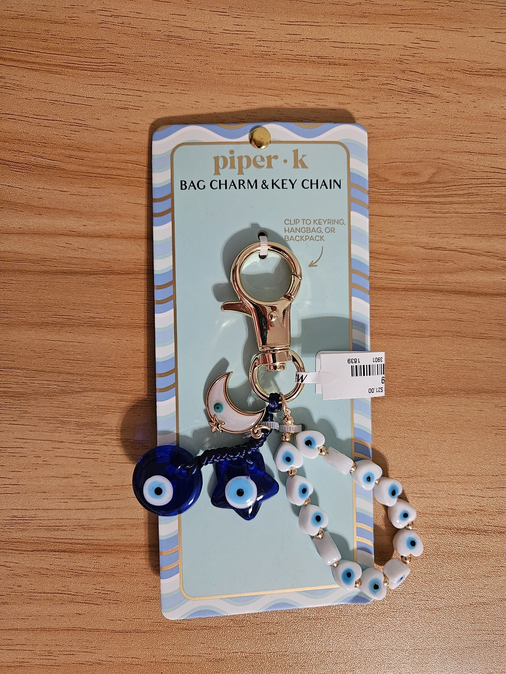 piper.k Gold Key Chain with Blue Evil Eye Charms